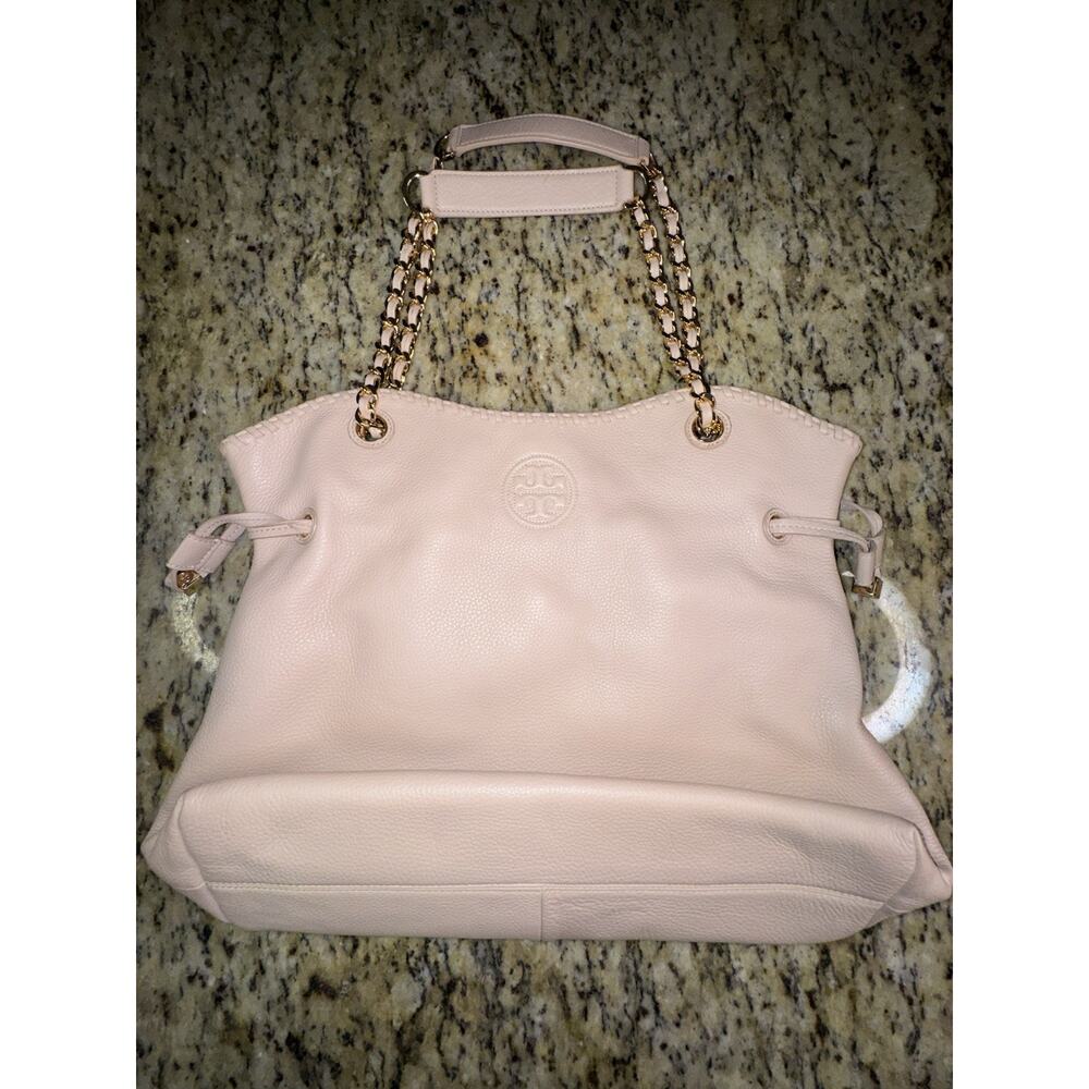 Tory Burch Marion Slouchy Tote Blush Pebbled Leather Chain Shoulder Bag LargeEUC - Picture 13 of 16